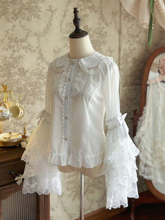 スイートロリータブラウス ホワイト 長袖 レースリボン ロリータトップ ロリータシャツ