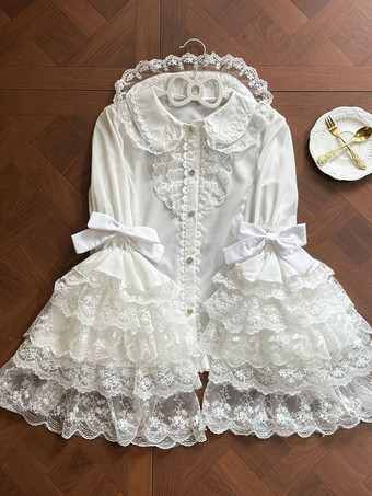 スイートロリータブラウス ホワイト 長袖 レースリボン ロリータトップ ロリータシャツ