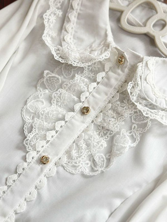 スイートロリータブラウス ホワイト 長袖 レースリボン ロリータトップ ロリータシャツ