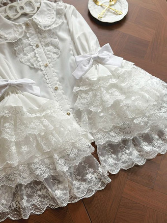 スイートロリータブラウス ホワイト 長袖 レースリボン ロリータトップ ロリータシャツ