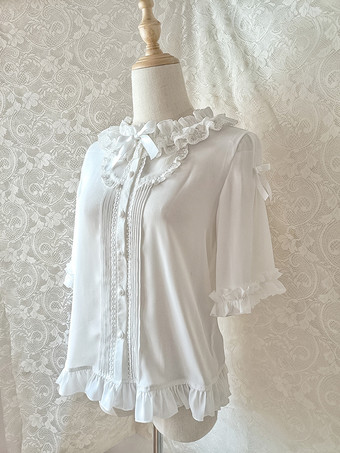 スイートロリータブラウス ロリータトップス ホワイト 半袖 レース フリル ロリータシャツ