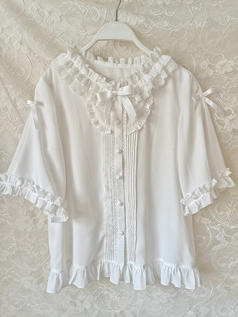 スイートロリータブラウス ロリータトップス ホワイト 半袖 レース フリル ロリータシャツ