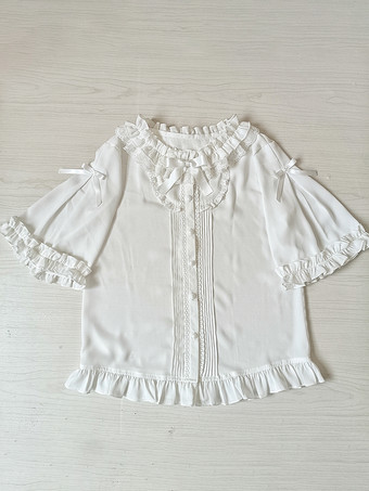 スイートロリータブラウス ロリータトップス ホワイト 半袖 レース フリル ロリータシャツ