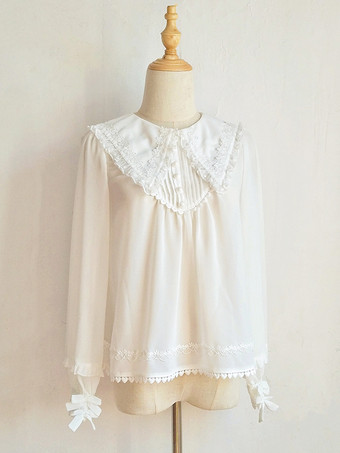ホワイト アカデミックロリータブラウス フリルレースロリータトップス 長袖ブラウス ホワイトロリータシャツ