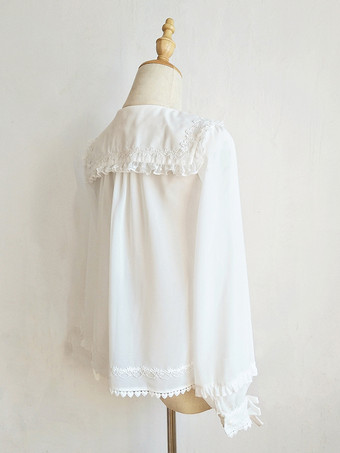 アカデミックロリータブラウス フリルレースロリータトップス 長袖ブラウス ホワイトロリータシャツ