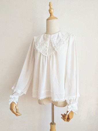 アカデミックロリータブラウス フリルレースロリータトップス 長袖ブラウス ホワイトロリータシャツ