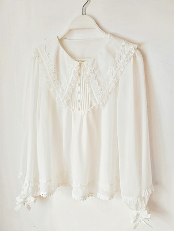 アカデミックロリータブラウス フリルレースロリータトップス 長袖ブラウス ホワイトロリータシャツ