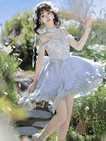 ライトスカイブルースイートロリータドレス ポリエステルノースリーブドレス ロリータドレス