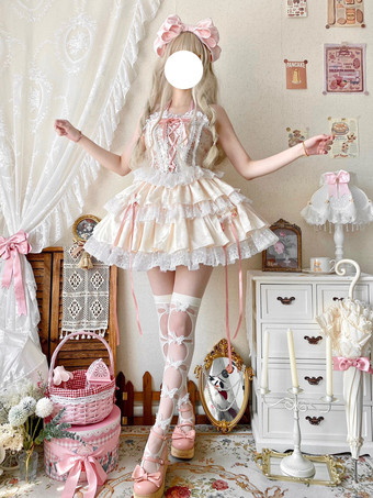 スイートロリータ衣装 ライトスカイブルー レースアップ レースリボン 花柄 ノースリーブ トップ スカート セット