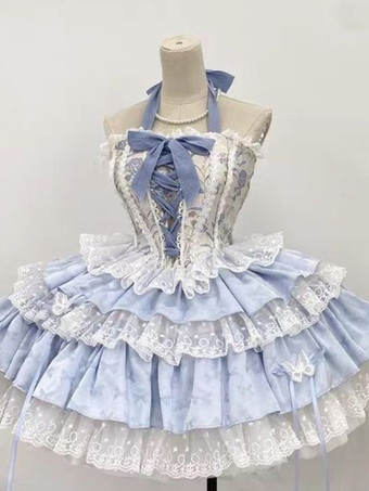 スイートロリータ衣装 ライトスカイブルー レースアップ レースリボン 花柄 ノースリーブ トップ スカート セット