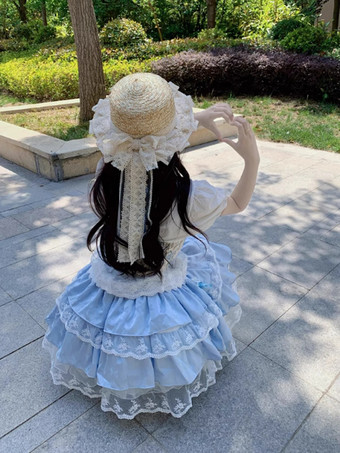 スイートロリータ衣装 ライトスカイブルー レースアップ レースリボン 花柄 ノースリーブ トップ スカート セット
