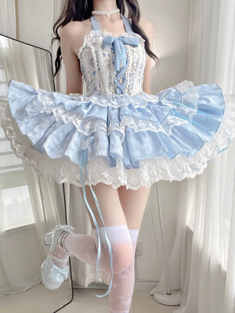 スイートロリータ衣装 ライトスカイブルー レースアップ レースリボン 花柄 ノースリーブ トップ スカート セット
