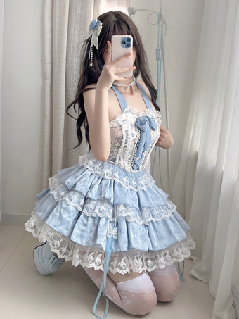 スイートロリータ衣装 ライトスカイブルー レースアップ レースリボン 花柄 ノースリーブ トップ スカート セット