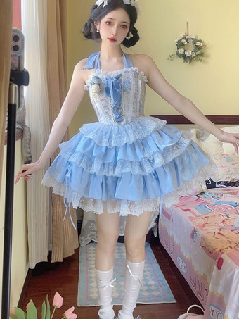 ライトスカイブルースイートロリータ衣装 ライトスカイブルー レースアップ レースリボン 花柄 ノースリーブ トップ スカート セット