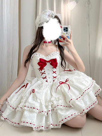 ホワイト スイートロリータドレス ポリエステル ノースリーブ スイートジャンパー ロリータドレス
