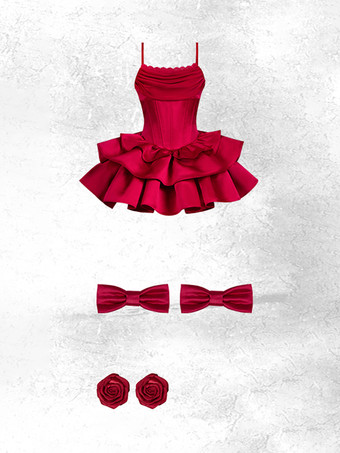   ゴシックロリータドレス リボン フリル レッドドレス