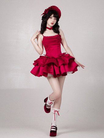   ゴシックロリータドレス リボン フリル レッドドレス