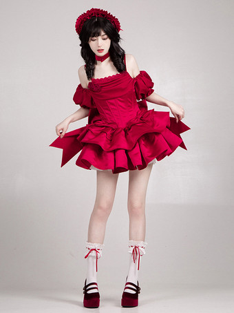  ゴシックロリータドレス リボン フリル レッドドレス
