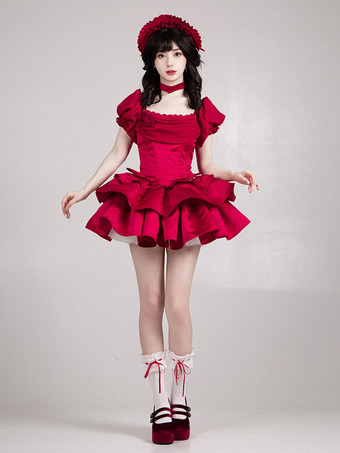   ゴシックロリータドレス リボン フリル レッドドレス