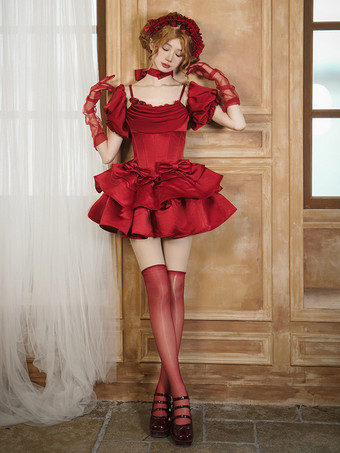   ゴシックロリータドレス リボン フリル レッドドレス
