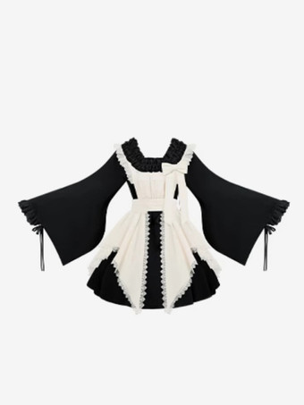 ハロウィン ゴシックロリータドレス レースリボン カラーブロック ブラックドレス