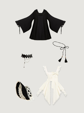 ハロウィン ゴシックロリータドレス レースリボン カラーブロック ブラックドレス