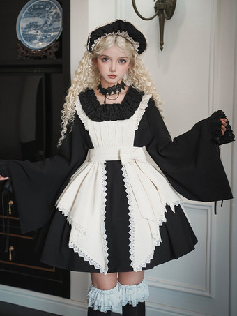 ハロウィン ゴシックロリータドレス レースリボン カラーブロック ブラックドレス