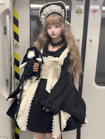 ハロウィン ゴシックロリータドレス レースリボン カラーブロック ブラックドレス