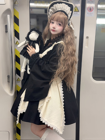 ハロウィン ゴシックロリータドレス レースリボン カラーブロック ブラックドレス