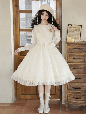 アイボリー スイートロリータドレス ポリエステル 長袖 フリル スイート 蝶結び エクリュ ホワイト ロリータドレス