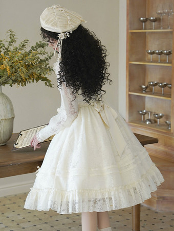 スイートロリータドレス ポリエステル 長袖 フリル スイート 蝶結び エクリュ ホワイト ロリータドレス