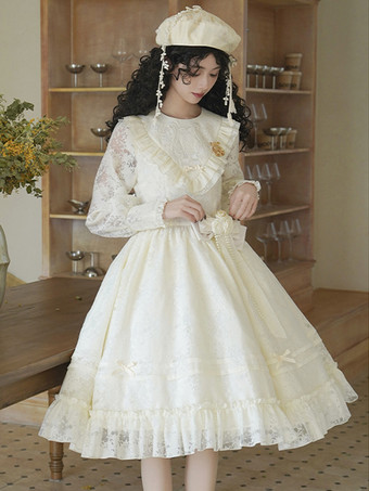 スイートロリータドレス ポリエステル 長袖 フリル スイート 蝶結び エクリュ ホワイト ロリータドレス