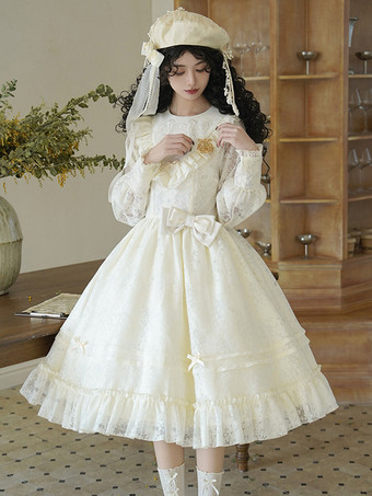 スイートロリータドレス ポリエステル 長袖 フリル スイート 蝶結び エクリュ ホワイト ロリータドレス