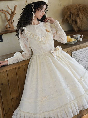 スイートロリータドレス ポリエステル 長袖 フリル スイート 蝶結び エクリュ ホワイト ロリータドレス