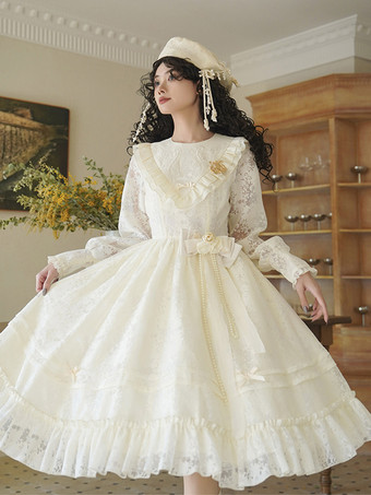 スイートロリータドレス ポリエステル 長袖 フリル スイート 蝶結び エクリュ ホワイト ロリータドレス