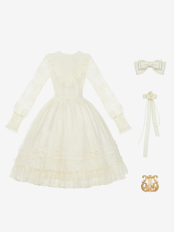スイートロリータドレス ポリエステル 長袖 フリル スイート 蝶結び エクリュ ホワイト ロリータドレス