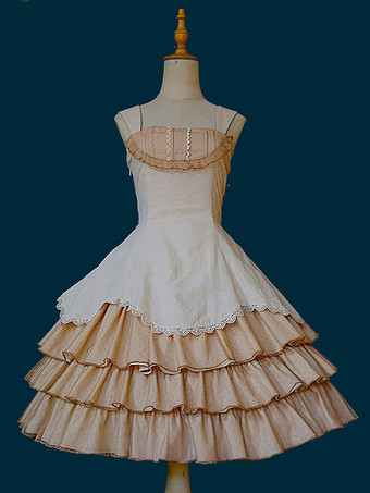 ライト アプリコットクラシカルなロリータドレス レース ノースリーブ ロリータ ピンク ドレス