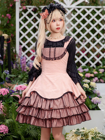 ピンク クラシカルなロリータドレス レース ノースリーブ ロリータ ピンク ドレス