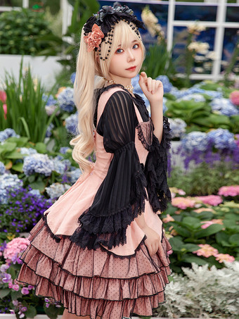 クラシカルなロリータドレス レース ノースリーブ ロリータ ピンク ドレス