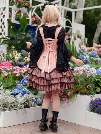 クラシカルなロリータドレス レース ノースリーブ ロリータ ピンク ドレス