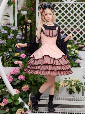 クラシカルなロリータドレス レース ノースリーブ ロリータ ピンク ドレス