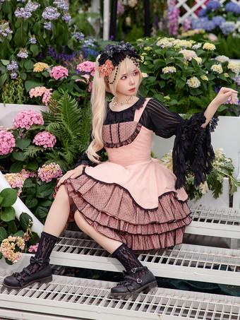 クラシカルなロリータドレス レース ノースリーブ ロリータ ピンク ドレス