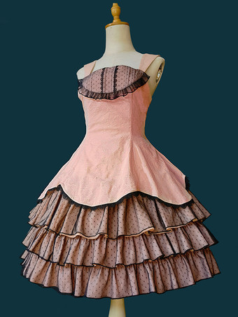 クラシカルなロリータドレス レース ノースリーブ ロリータ ピンク ドレス