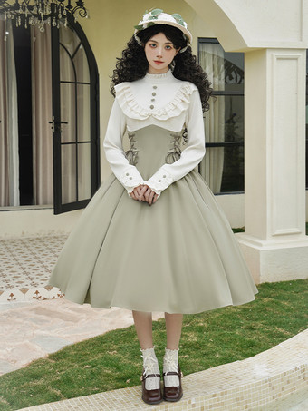 ホワイト スイートロリータドレス 長袖 リボン スイートドレス ホワイトカラーブロック ロリータドレス