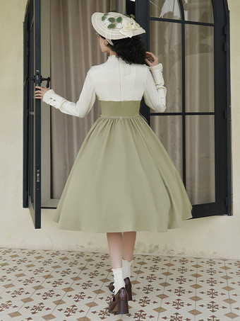 スイートロリータドレス 長袖 リボン スイートドレス ホワイトカラーブロック ロリータドレス