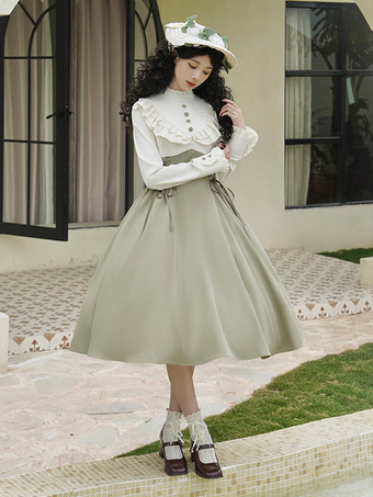 スイートロリータドレス 長袖 リボン スイートドレス ホワイトカラーブロック ロリータドレス