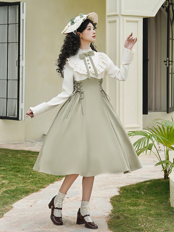 スイートロリータドレス 長袖 リボン スイートドレス ホワイトカラーブロック ロリータドレス