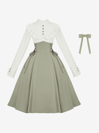 スイートロリータドレス 長袖 リボン スイートドレス ホワイトカラーブロック ロリータドレス