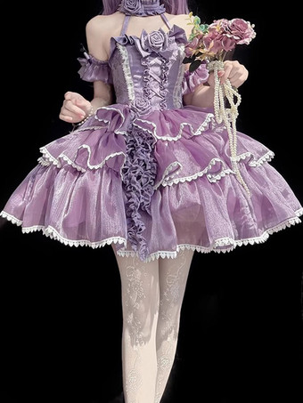 ハロウィン ゴシックロリータドレス リボン フリル カラーブロック パープルドレス