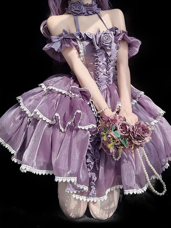 パープル ハロウィン ゴシックロリータドレス リボン フリル カラーブロック パープルドレス
